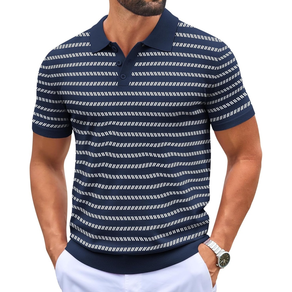 image:imageCOOFANDY Mens Knit Polo Shirts Casual Short Sleeve Button Down Polo Shirt Knit polo soft breathable stretch 3button placket elastic ribbed cuffs and hem casual business classic stylishFnavy BlueWhite Striped