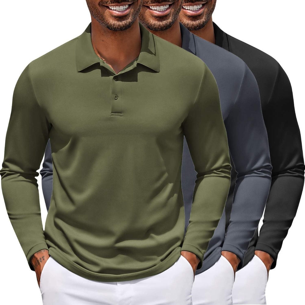image:imageCOOFANDY Mens Long Sleeve Polo Shirt Golf Lightweight Breathable Moisture Wicking Shirt for Business Casual Work Outdoor3 Pack Black Dark Grey Army Green