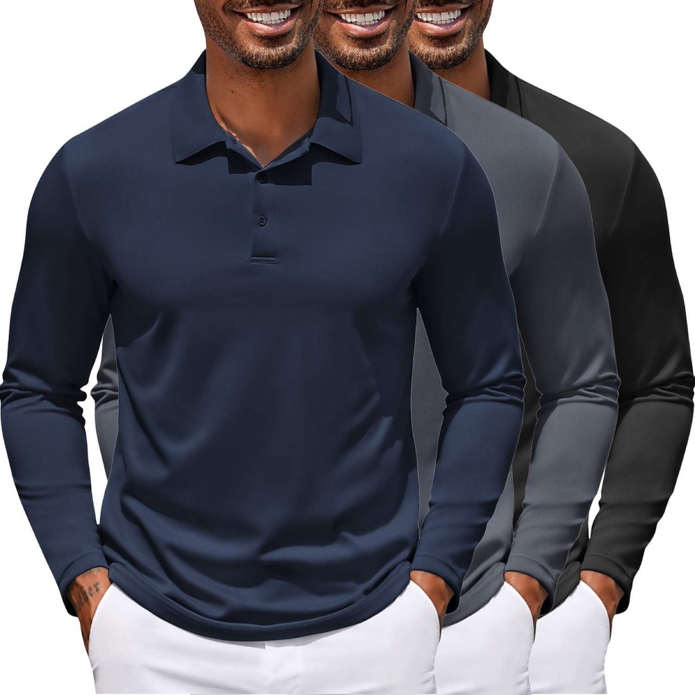 image:imageCOOFANDY Mens Long Sleeve Polo Shirt Golf Lightweight Breathable Moisture Wicking Shirt for Business Casual Work Outdoor3 Pack Black Dark Grey Navy Blue