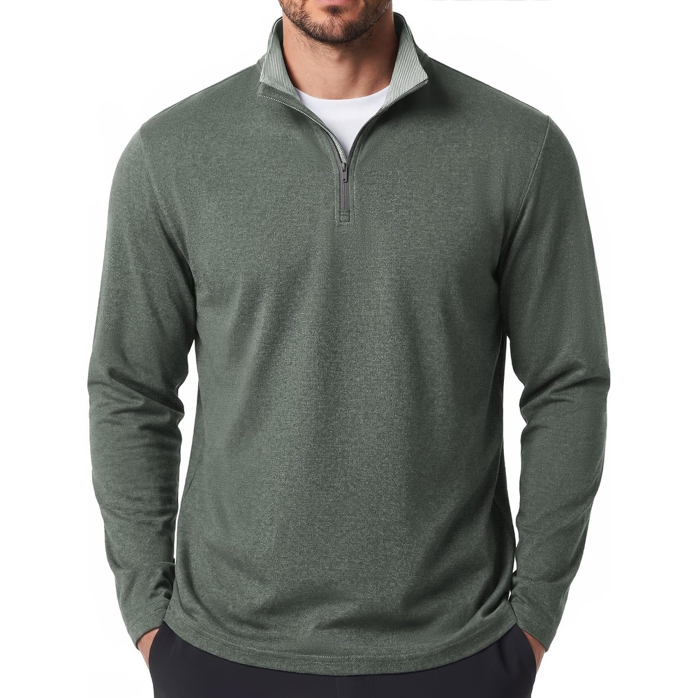 image:imageCOOFANDY Mens Quarter Zip Pullover Golf Shirts Mock Neck Sweatshirt Hiking  14 Zip Long Sleeve Lightweight Moisture Wicking Contrast Striped Collar Sun Protection Running Fishing OutgoingDark Green