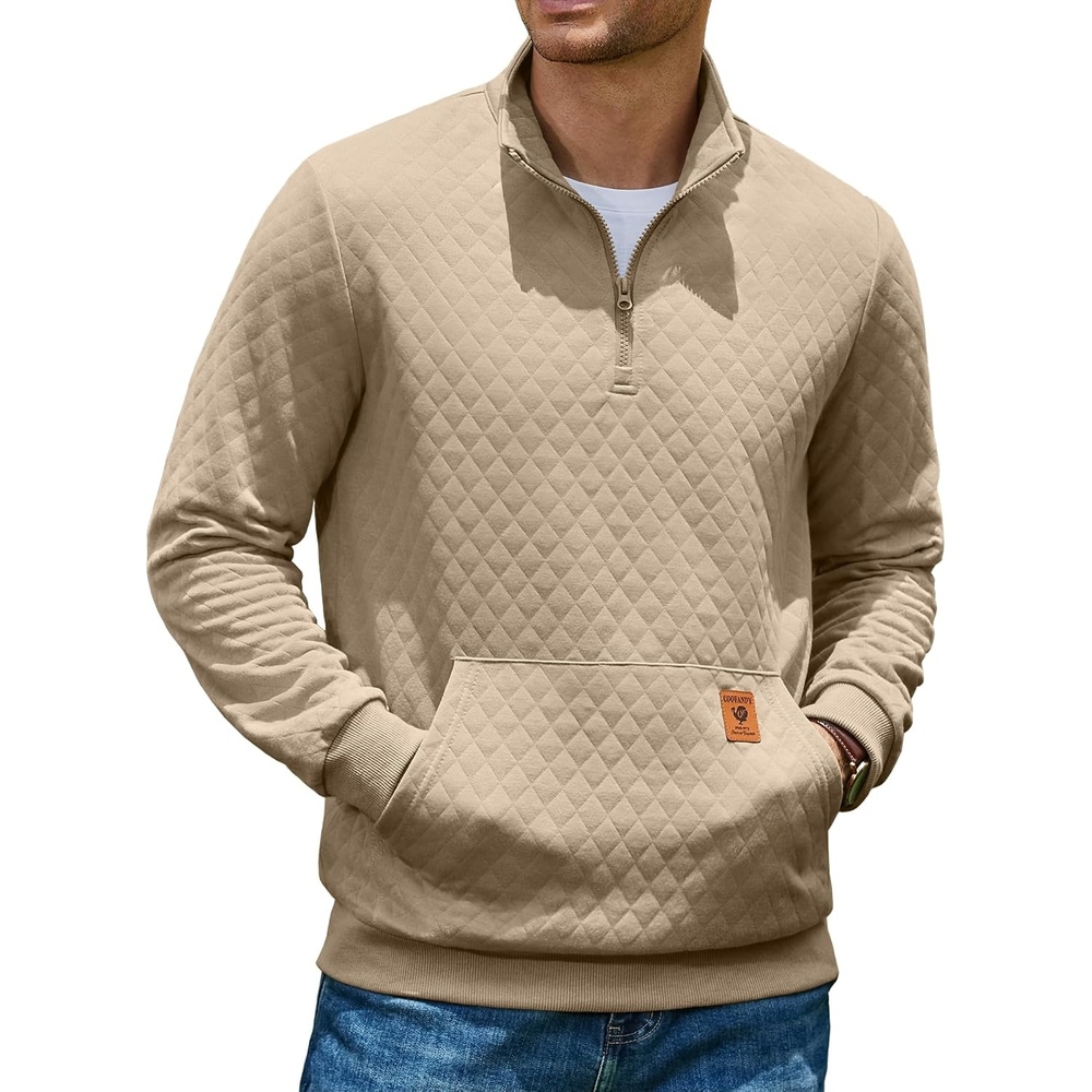 image:imageCOOFANDY Mens Quarter Zip Pullover Long Sleeve Sweatshirt Kangaroo Pocket Waffle Quilted Half Zip Sweater Stylish Casual Pullover with Ribbed Cuffs for Fall amp Winter 2026 FashionAll Khaki