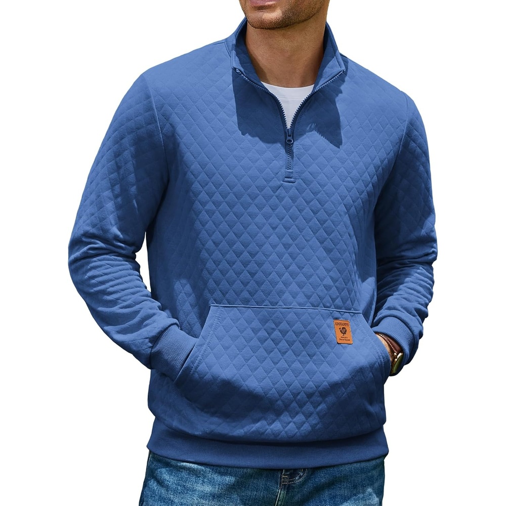 image:imageCOOFANDY Mens Quarter Zip Pullover Long Sleeve Sweatshirt Kangaroo Pocket Waffle Quilted Half Zip Sweater Stylish Casual Pullover with Ribbed Cuffs for Fall amp Winter 2026 FashionDark Blue