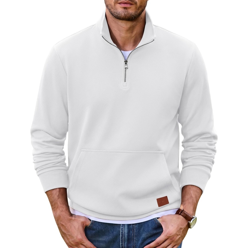 image:imageCOOFANDY Mens Quarter Zip Pullover Wrinkle Free 14 Sweatshirt with Pocket Quilted Texture 2026 Fall Fashion Long Sleeve Lightweight Collar Golf Pullover and SweaterWhite