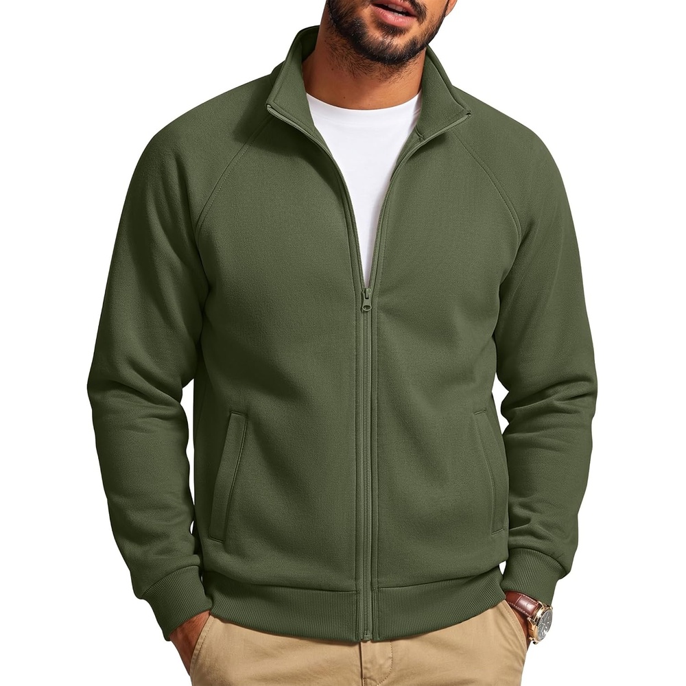 image:imageCOOFANDY Mens Zip Up Fleece Lined Sweatshirts Lightweight Sweater Jackets Long Sleeve Stand Collar Jacket Casual Stylish Soft and Comfort 2 Pockets 2026 Fall Fashion Sweatshirt Winter Warm CoatArmy Green