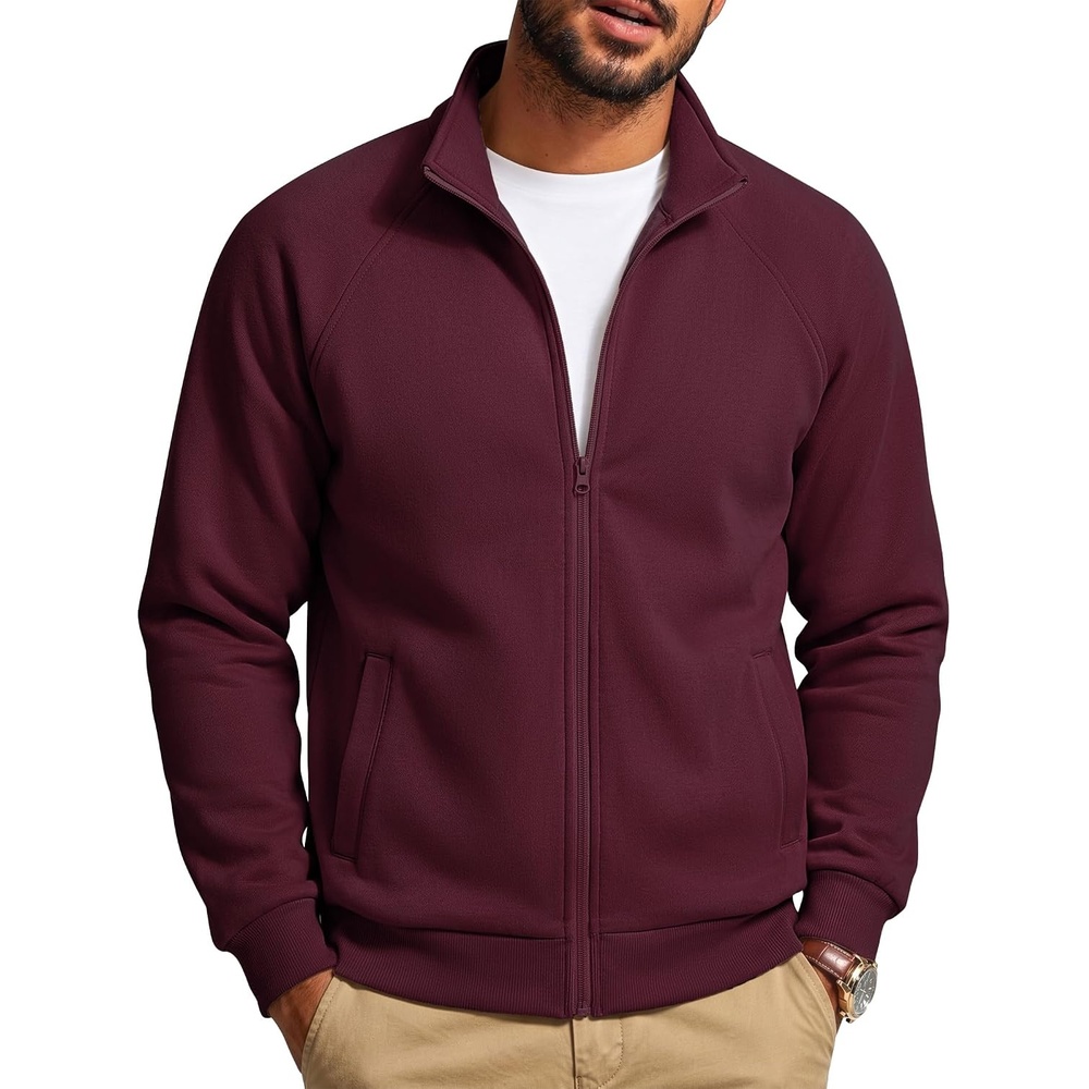 image:imageCOOFANDY Mens Zip Up Fleece Lined Sweatshirts Lightweight Sweater Jackets Long Sleeve Stand Collar Jacket Casual Stylish Soft and Comfort 2 Pockets 2026 Fall Fashion Sweatshirt Winter Warm CoatBurgundy