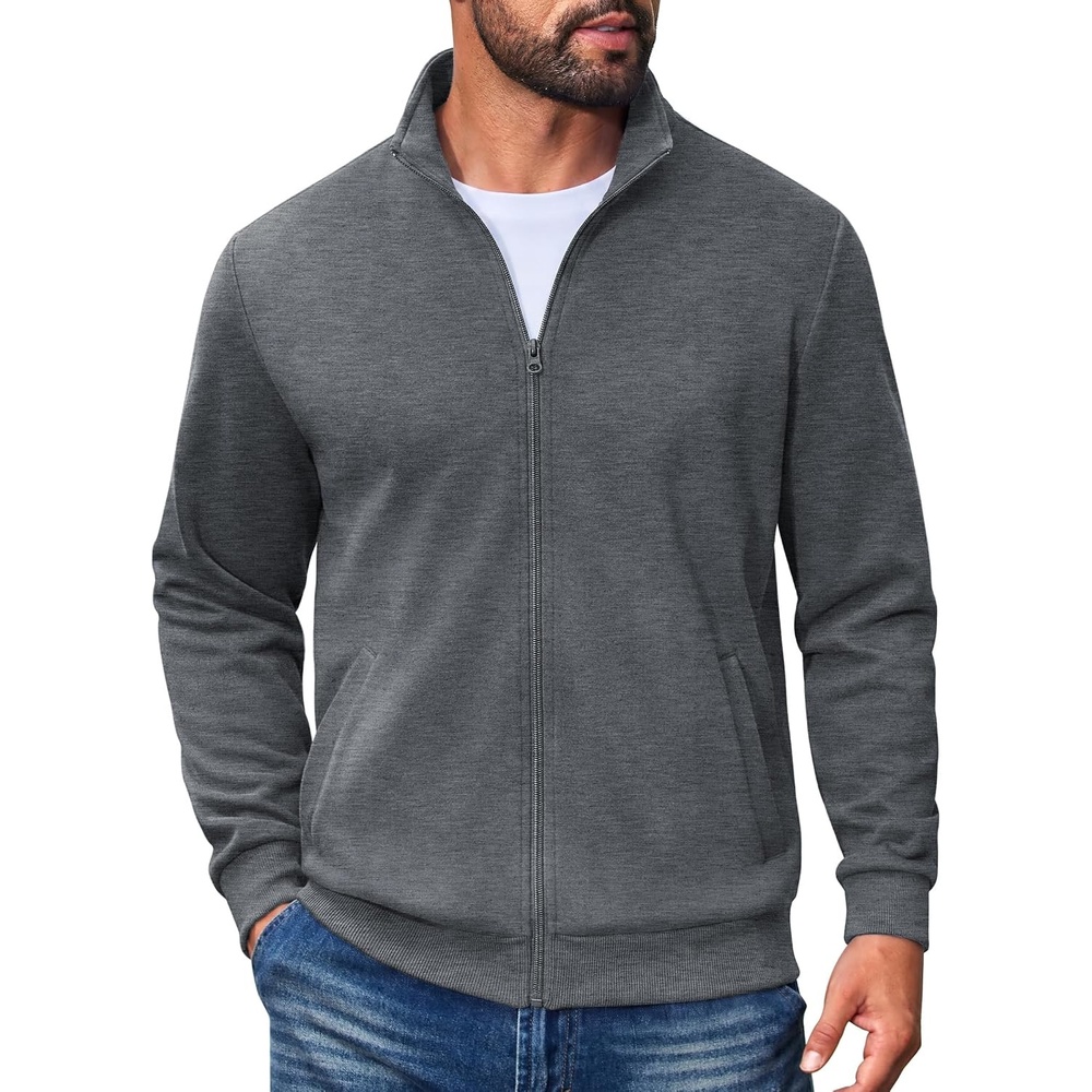 image:imageCOOFANDY Mens Zip Up Sweatshirt Lightweight Fleece Jacket Casual Sweaters Soft Cotton Blend Mock Neck Full Zip Warm Fleece Lining Side Pockets Business Commute Fall Winter Spring JacketMedium Grey