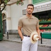 COOFANDY Mens Knit Polo Shirts Casual Short Sleeve Button Down Polo Shirt | Knit polo, soft, breathable, stretch, 3-button placket, elastic ribbed cuffs and hem, casual, business, classic, stylish(E-khaki White Striped)