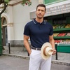 COOFANDY Mens Knit Polo Shirts Casual Short Sleeve Button Down Polo Shirt | Knit polo, soft, breathable, stretch, 3-button placket, elastic ribbed cuffs and hem, casual, business, classic, stylish(E-navy Blue White Striped)