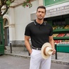 COOFANDY Mens Knit Polo Shirts Casual Short Sleeve Button Down Polo Shirt | Knit polo, soft, breathable, stretch, 3-button placket, elastic ribbed cuffs and hem, casual, business, classic, stylish(E-black White Striped)