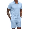 COOFANDY Men’s 2 Pieces Outfits Quarter Zip Polo Shirt and Shorts Set Casual Summer Tracksuit(Light Blue)