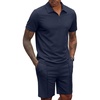 COOFANDY Men’s 2 Pieces Outfits Quarter Zip Polo Shirt and Shorts Set Casual Summer Tracksuit(Navy Blue)