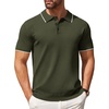 COOFANDY Mens Knit Polo Shirts Casual Short Sleeve Button Down Polo Shirt | Knit polo, soft, breathable, stretch, 3-button placket, elastic ribbed cuffs and hem, casual, business, classic, stylish(E-army Green White Striped)