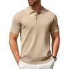 COOFANDY Mens Knit Polo Shirts Casual Short Sleeve Button Down Polo Shirt | Knit polo, soft, breathable, stretch, 3-button placket, elastic ribbed cuffs and hem, casual, business, classic, stylish(E-khaki White Striped)