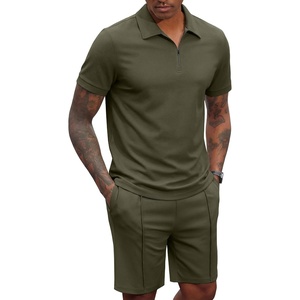 COOFANDY Men’s 2 Pieces Outfits Quarter Zip Polo Shirt and Shorts Set Casual Summer Tracksuit(Army Green)