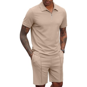 COOFANDY Men’s 2 Pieces Outfits Quarter Zip Polo Shirt and Shorts Set Casual Summer Tracksuit(Khaki)