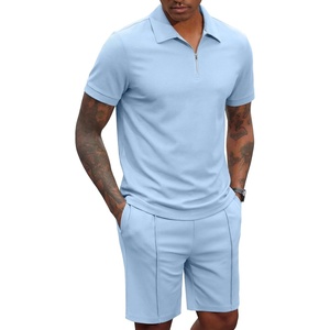 COOFANDY Men’s 2 Pieces Outfits Quarter Zip Polo Shirt and Shorts Set Casual Summer Tracksuit(Light Blue)