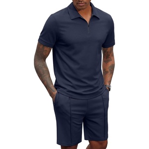 COOFANDY Men’s 2 Pieces Outfits Quarter Zip Polo Shirt and Shorts Set Casual Summer Tracksuit(Navy Blue)