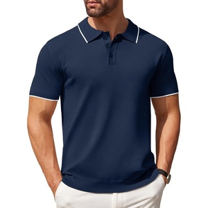 COOFANDY Mens Knit Polo Shirts Casual Short Sleeve Button Down Polo Shirt | Knit polo, soft, breathable, stretch, 3-button placket, elastic ribbed cuffs and hem, casual, business, classic, stylish(E-navy Blue White Striped)