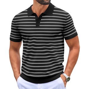 COOFANDY Mens Knit Polo Shirts Casual Short Sleeve Button Down Polo Shirt | Knit polo, soft, breathable, stretch, 3-button placket, elastic ribbed cuffs and hem, casual, business, classic, stylish(F-black/White Striped)