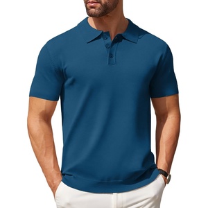 COOFANDY Mens Knit Polo Shirts Casual Short Sleeve Button Down Polo Shirt | Knit polo, soft, breathable, stretch, 3-button placket, elastic ribbed cuffs and hem, casual, business, classic, stylish(Denim Blue)