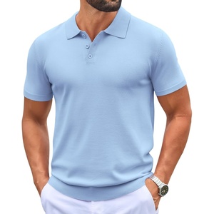 COOFANDY Mens Knit Polo Shirts Casual Short Sleeve Button Down Polo Shirt | Knit polo, soft, breathable, stretch, 3-button placket, elastic ribbed cuffs and hem, casual, business, classic, stylish(Light Blue)