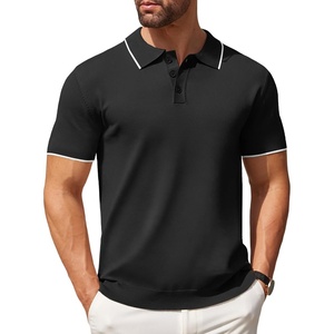COOFANDY Mens Knit Polo Shirts Casual Short Sleeve Button Down Polo Shirt | Knit polo, soft, breathable, stretch, 3-button placket, elastic ribbed cuffs and hem, casual, business, classic, stylish(E-black White Striped)