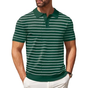COOFANDY Mens Knit Polo Shirts Casual Short Sleeve Button Down Polo Shirt | Knit polo, soft, breathable, stretch, 3-button placket, elastic ribbed cuffs and hem, casual, business, classic, stylish(F-dark Green Striped)