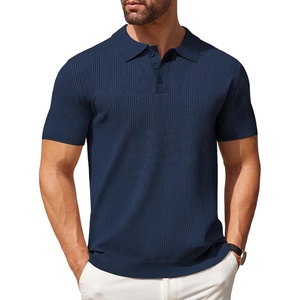 COOFANDY Mens Knit Polo Shirts Casual Short Sleeve Button Down Polo Shirt | Knit polo, soft, breathable, stretch, 3-button placket, elastic ribbed cuffs and hem, casual, business, classic, stylish(H-navy Blue Ribbing)