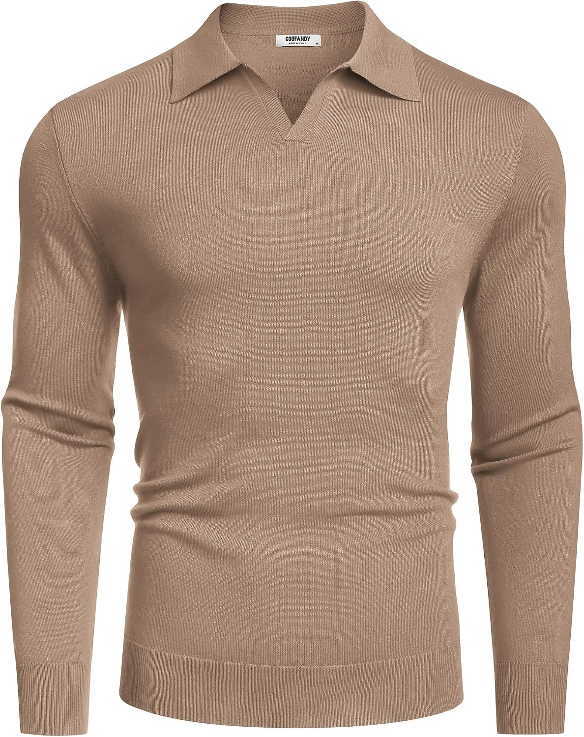 image:imageCOOFANDY Long Sleeve Polo Shirts for Men Pullover Sweaters Knit Polo Shirt Vintage VNeck PoloRetro Open CollarSoft Breathable KnitStretch Ribbed Cuffs amp HemVacation Casual StyleBusinessLight Khaki