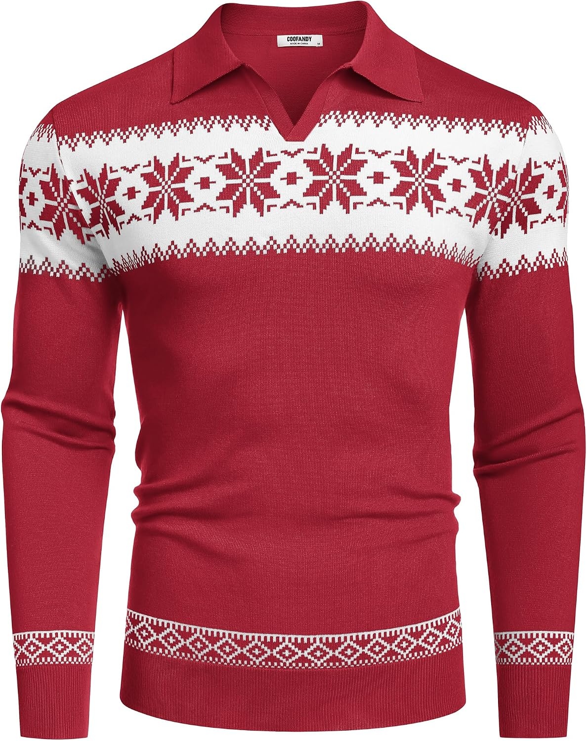 image:imageCOOFANDY Long Sleeve Polo Shirts for Men Pullover Sweaters Knit Polo Shirt Vintage VNeck PoloRetro Open CollarSoft Breathable KnitStretch Ribbed Cuffs amp HemVacation Casual StyleBusinessChristmas Red White