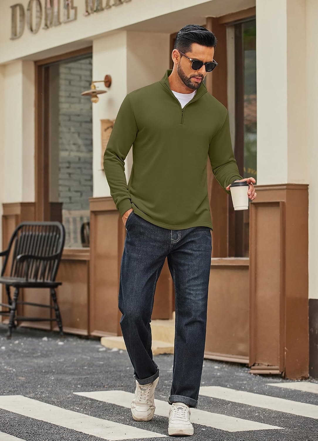 image:imageCOOFANDY Men Quarter Zip Pullover Sweatshirts Long Sleeve Mock Neck Sweater 14 Closure HalfOpening Quilted Texture Fleece Standup Collar Business Casual Golfing Thermal Ribbed CuffsArmy Green