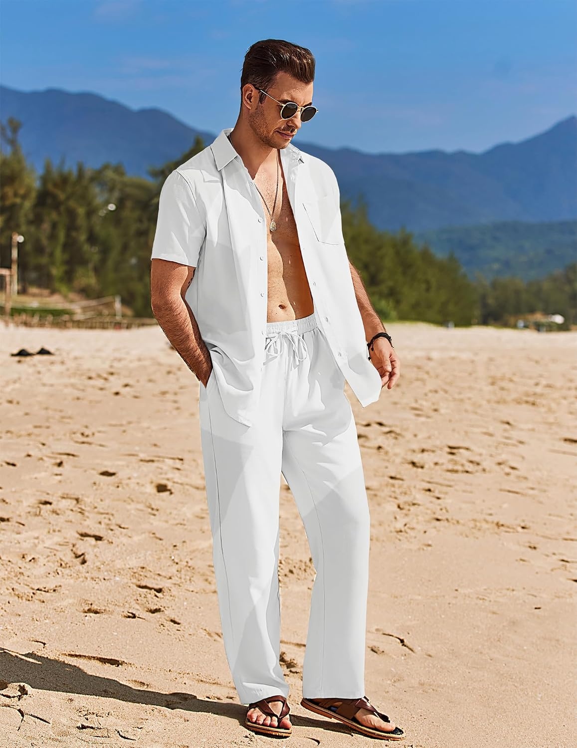 image:imageCOOFANDY Mens 2 Piece Casual Beach Set Button Down Shirt and Loose Pants 2 Piece Linen SetLightweightCasual Beach WearVacation Walking OutfitsFaux Linen TextureAwhite