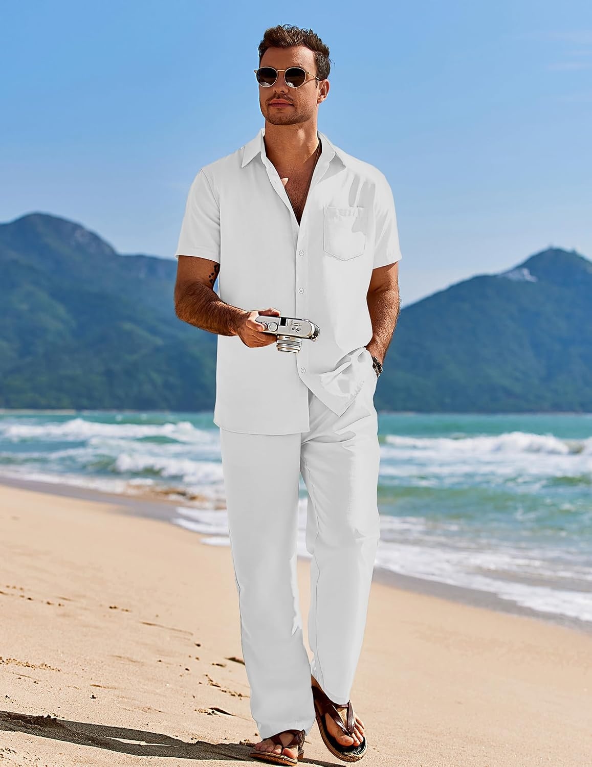 image:imageCOOFANDY Mens 2 Piece Casual Beach Set Button Down Shirt and Loose Pants 2 Piece Linen SetLightweightCasual Beach WearVacation Walking OutfitsFaux Linen TextureAwhite