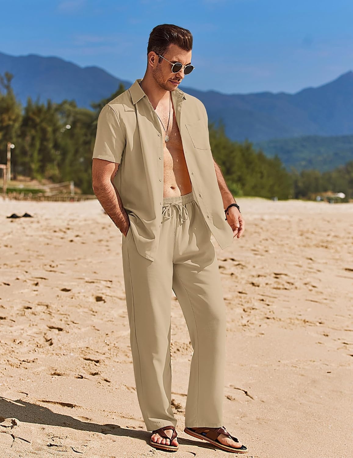 image:imageCOOFANDY Mens 2 Piece Casual Beach Set Button Down Shirt and Loose Pants 2 Piece Linen SetLightweightCasual Beach WearVacation Walking OutfitsFaux Linen TextureKhaki