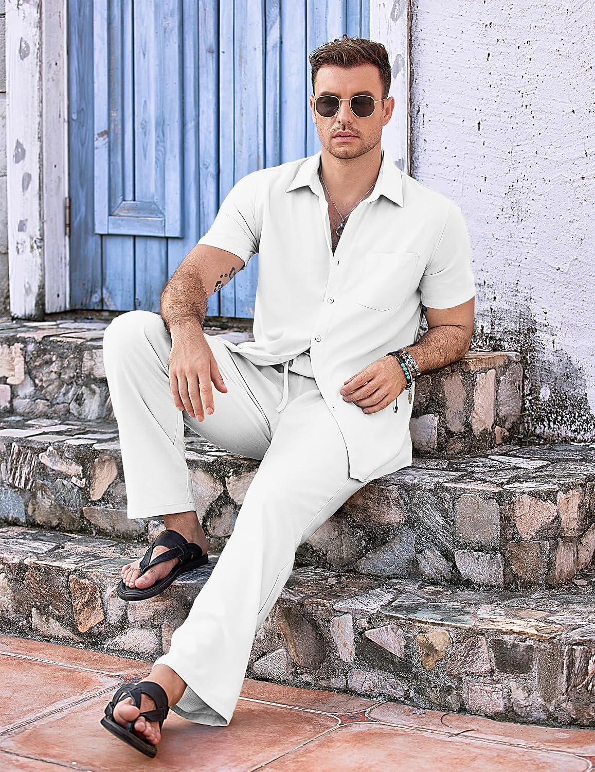 image:imageCOOFANDY Mens 2 Piece Casual Beach Set Button Down Shirt and Loose Pants 2 Piece Linen SetLightweightCasual Beach WearVacation Walking OutfitsFaux Linen TextureAwhite