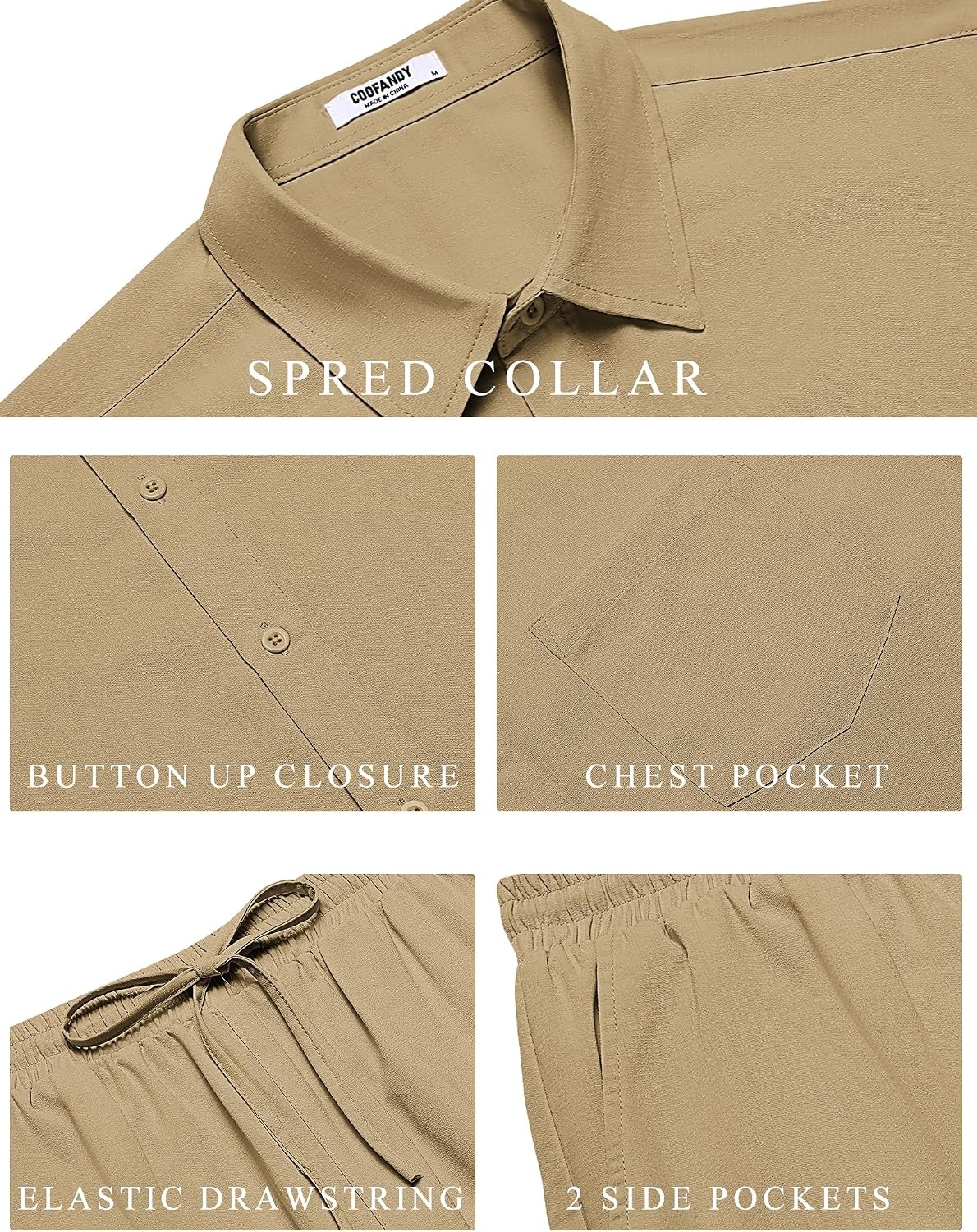 image:imageCOOFANDY Mens 2 Piece Casual Beach Set Button Down Shirt and Loose Pants 2 Piece Linen SetLightweightCasual Beach WearVacation Walking OutfitsFaux Linen TextureKhaki