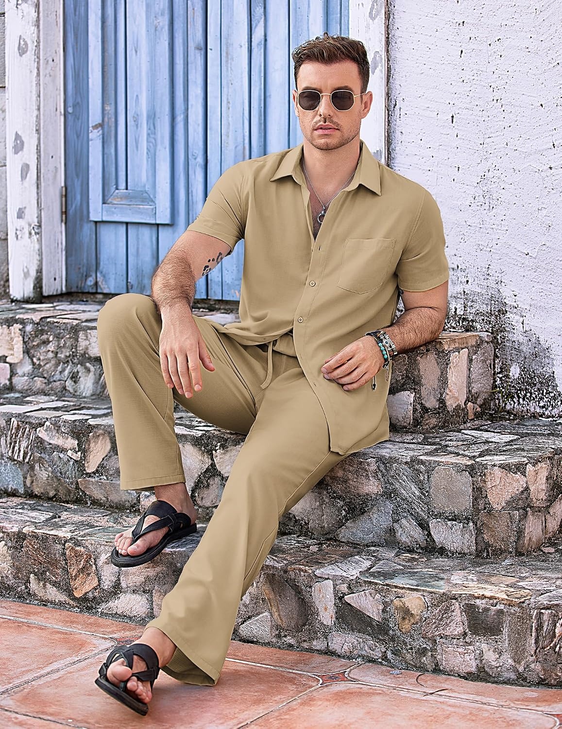 image:imageCOOFANDY Mens 2 Piece Casual Beach Set Button Down Shirt and Loose Pants 2 Piece Linen SetLightweightCasual Beach WearVacation Walking OutfitsFaux Linen TextureKhaki