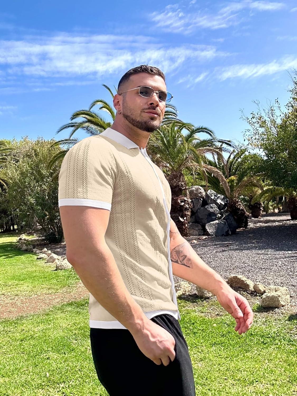 image:imageCOOFANDY Mens Knit Button Down Shirt Vintage Short Sleeve Polo Shirts Casual Beach TopsCream White