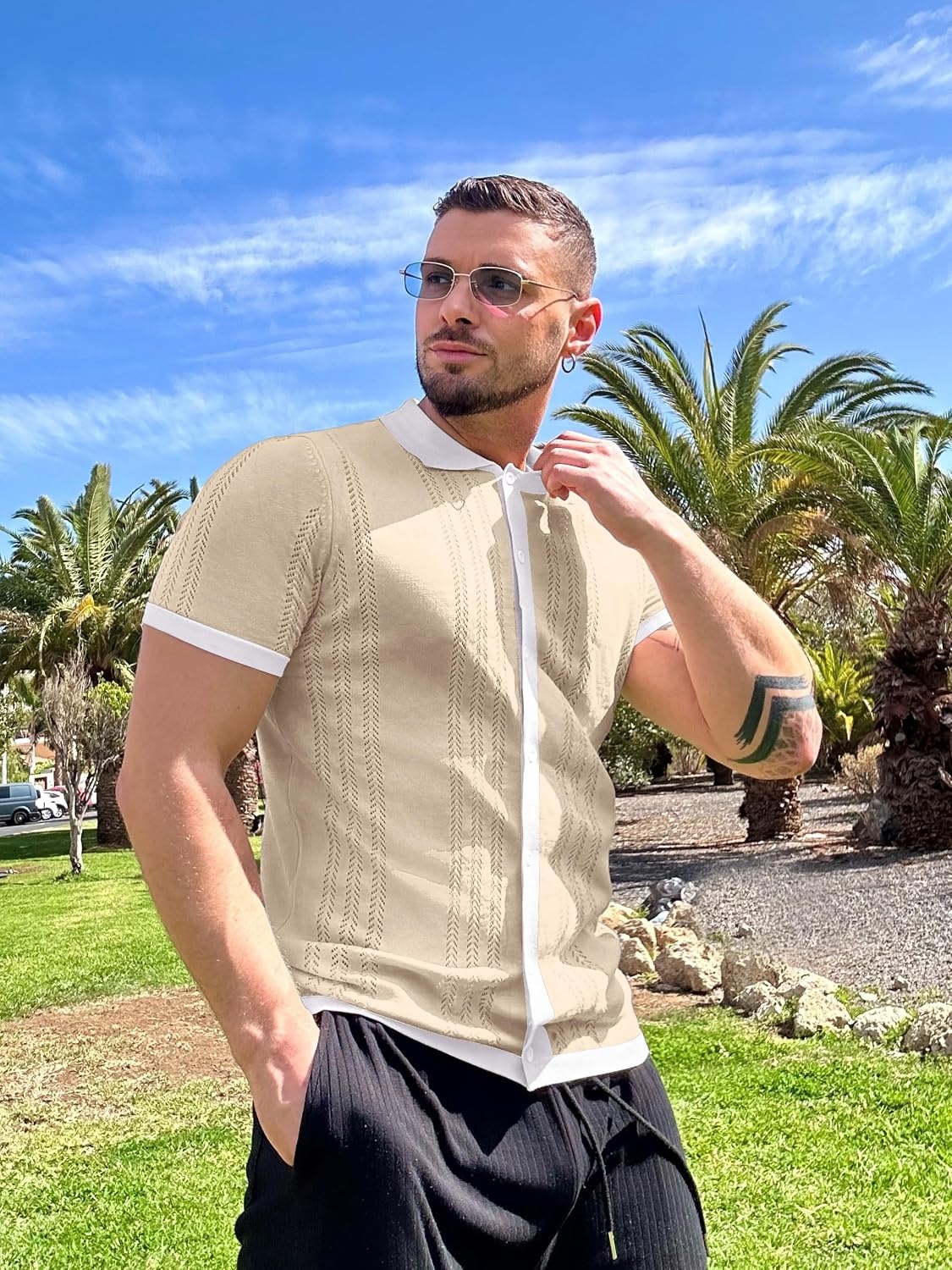 image:imageCOOFANDY Mens Knit Button Down Shirt Vintage Short Sleeve Polo Shirts Casual Beach TopsCream White