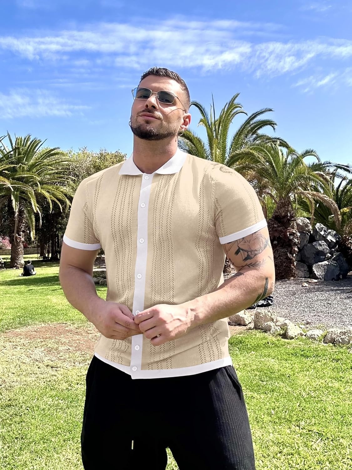 image:imageCOOFANDY Mens Knit Button Down Shirt Vintage Short Sleeve Polo Shirts Casual Beach TopsCream White
