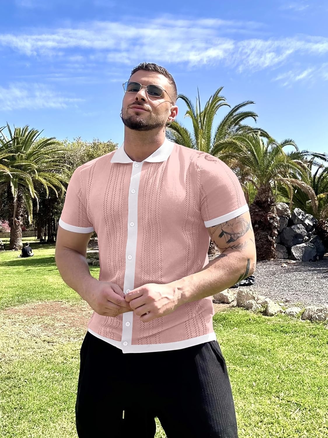 image:imageCOOFANDY Mens Knit Button Down Shirt Vintage Short Sleeve Polo Shirts Casual Beach TopsPink White