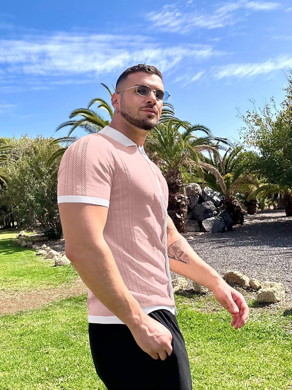 image:imageCOOFANDY Mens Knit Button Down Shirt Vintage Short Sleeve Polo Shirts Casual Beach TopsPink White