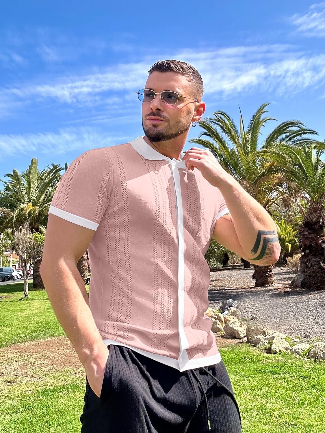 image:imageCOOFANDY Mens Knit Button Down Shirt Vintage Short Sleeve Polo Shirts Casual Beach TopsPink White