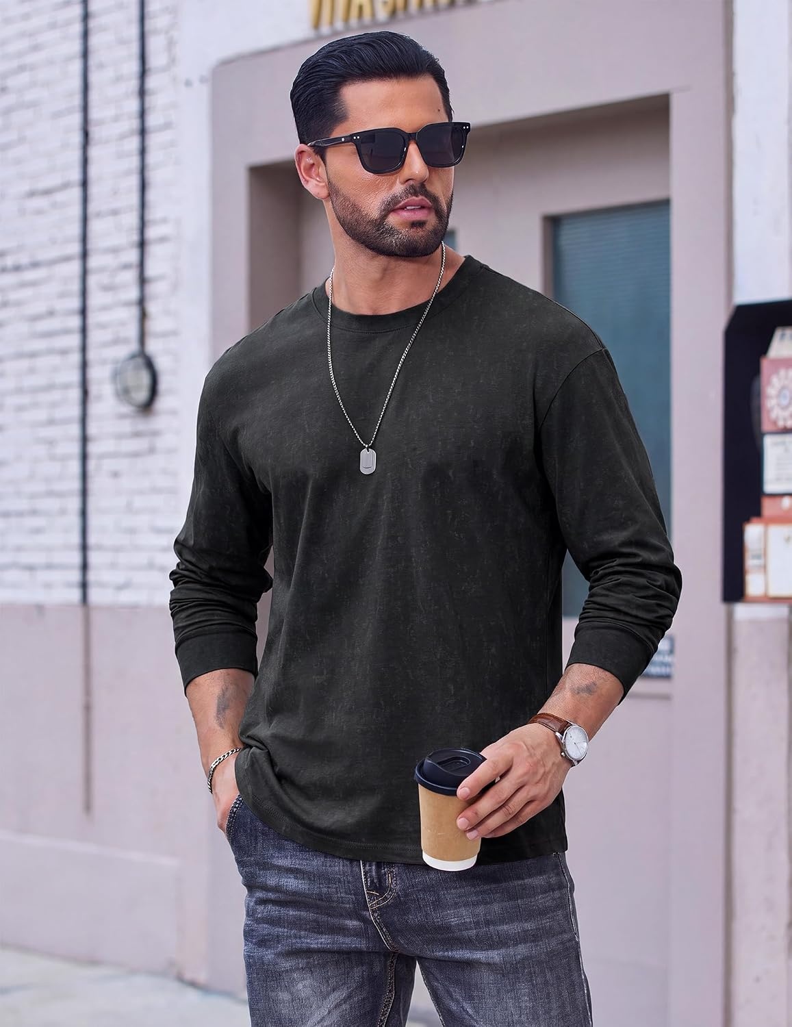 image:imageCOOFANDY Mens Long Sleeve Tee Shirts Cotton Vintage Washed T Shirts Relaxed Fit Basic TeesBlack