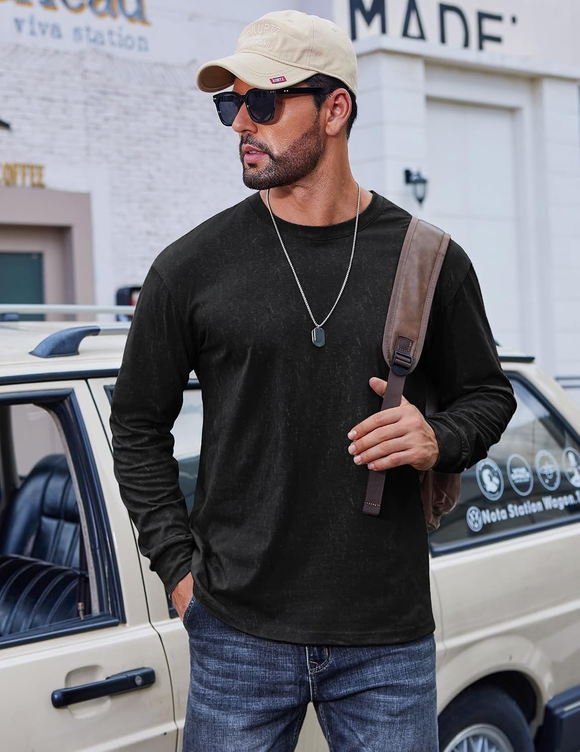 image:imageCOOFANDY Mens Long Sleeve Tee Shirts Cotton Vintage Washed T Shirts Relaxed Fit Basic TeesBlack