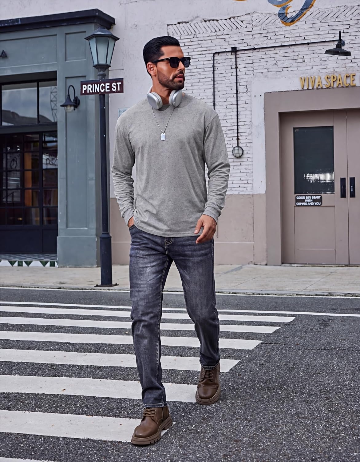 image:imageCOOFANDY Mens Long Sleeve Tee Shirts Cotton Vintage Washed T Shirts Relaxed Fit Basic TeesLight Grey