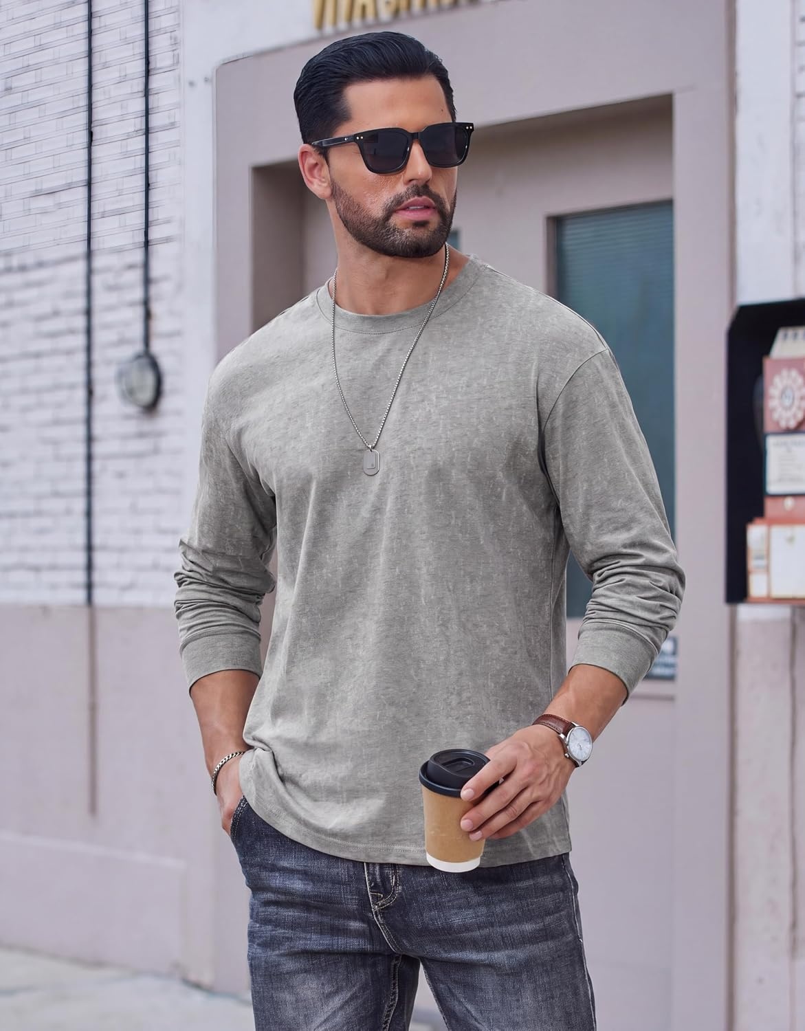 image:imageCOOFANDY Mens Long Sleeve Tee Shirts Cotton Vintage Washed T Shirts Relaxed Fit Basic TeesLight Grey