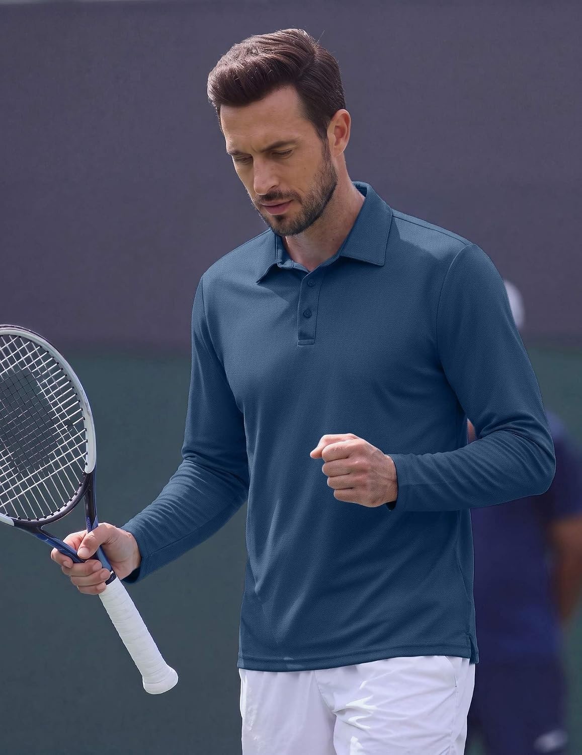 image:imageCOOFANDY Mens Polo Shirts Long Sleeve UPF 50 Moisture Wicking Golf Shirt 3 Button Lightweight Collared Shirts Shape Retaining Classic Basic Polos Ideal for Golf Tennis and Daily Casual WearDemin Blue