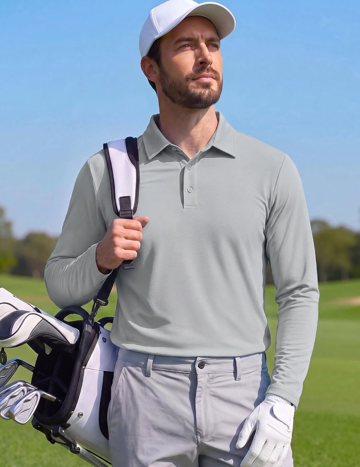 image:imageCOOFANDY Mens Polo Shirts Long Sleeve UPF 50 Moisture Wicking Golf Shirt 3 Button Lightweight Collared Shirts Shape Retaining Classic Basic Polos Ideal for Golf Tennis and Daily Casual WearSage Green
