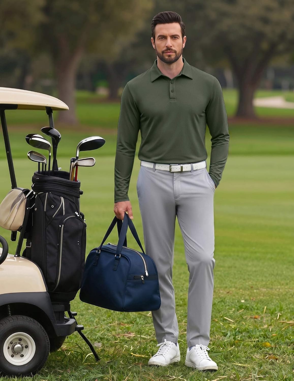 image:imageCOOFANDY Mens Polo Shirts Long Sleeve UPF 50 Moisture Wicking Golf Shirt 3 Button Lightweight Collared Shirts Shape Retaining Classic Basic Polos Ideal for Golf Tennis and Daily Casual WearArmy Green